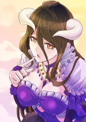 Rule 34 | 1girl, albedo (overlord), black hair, breasts, cleavage, collar, demon girl, dress, eyelashes, frills, from above, hair between eyes, horns, jewelry, long hair, low wings, necklace, overlord (maruyama), puffy sleeves, rurukichi, solo, wings, yellow eyes