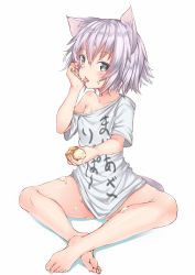 Rule 34 | 1girl, alternate costume, animal ears, bare legs, bare shoulders, barefoot, blush, cat ears, cat tail, clothes between thighs, clothes writing, collarbone, commentary request, fate/apocrypha, fate (series), feet, food, food on body, food on face, food on legs, full body, green eyes, hair between eyes, highres, holding, holding food, indian style, jack the ripper (fate/apocrypha), kemonomimi mode, legs, licking, looking at viewer, naked shirt, off shoulder, shirt, short hair, short sleeves, silver hair, simple background, sitting, solo, tail, tongue, tongue out, white background, white shirt, yukishiro arte