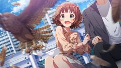 Rule 34 | 1girl, amami haruka, bird, brown hair, building, feathered wings, game cg, green eyes, idolmaster, idolmaster million live!, idolmaster million live! theater days, motion blur, official alternate hairstyle, official art, open mouth, private dress (idolmaster million live!), skirt, wings