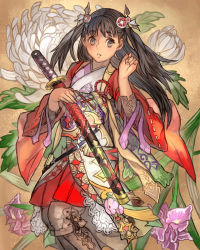 Rule 34 | 1girl, boots, brown eyes, brown hair, dark skin, dark-skinned female, floral print, flower, highres, japanese clothes, katana, long hair, looking to the side, parted lips, sheath, sheathed, solo, sword, toujou bun, weapon