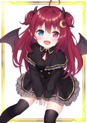 Rule 34 | 1girl, absurdres, ahoge, black thighhighs, commentary request, crescent, crescent hair ornament, demon horns, demon wings, gothic lolita, hair ornament, heterochromia, highres, horns, lolita fashion, long hair, looking at viewer, nijisanji, open mouth, red hair, simple background, sitting, solo, thighhighs, virtual youtuber, wings, yuzuki roa