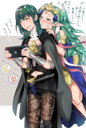 Rule 34 | 2girls, alternate breast size, black shirt, blouse, blush, boots, braid, brown pantyhose, byleth (female) (fire emblem), byleth (fire emblem), cape, commentary request, fire emblem, fire emblem: three houses, game console, green eyes, green hair, grey background, hair between eyes, handheld game console, high heel boots, high heels, jewelry, lace, lace-trimmed legwear, lace trim, long hair, multiple girls, navel, nintendo, nintendo switch, pantyhose, pantyhose under shorts, pointy ears, shirt, short sleeves, shorts, side braid, sothis (fire emblem), translation request, tsutsuji (hello x 2), white background