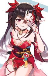 Rule 34 | 1girl, :d, absurdres, bare shoulders, bell, black choker, bow, brown hair, choker, covering one eye, cowboy shot, criss-cross halter, detached sleeves, dress, fox mask, grin, hair bow, halterneck, highres, holding, holding mask, honkai: star rail, honkai (series), legs together, long hair, looking at viewer, mask, mask on head, neck bell, o-ring, obi, one eye covered, open mouth, pelvic curtain, pink eyes, red bow, red dress, red sleeves, ruria 369, sash, short dress, short sleeves, sleeveless, sleeveless dress, smile, solo, sparkle (honkai: star rail), teeth, thighs, twintails, white background