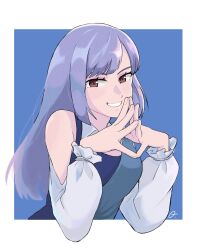 Rule 34 | 1girl, bare shoulders, blue background, blue tank top, blush, breasts, brown eyes, clothing cutout, earrings, gundam, gundam zz, highres, jewelry, long hair, long sleeves, looking at viewer, medium breasts, purple eyes, purple hair, qwon, roux louka, shoulder cutout, signature, smile, solo, spandex, tank top, upper body, white background