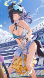 Rule 34 | 1girl, absurdres, animal ears, bare arms, bare shoulders, black hair, black nails, blue archive, blue eyes, blue sky, blush, breasts, cheerleader, cleavage, clothes pull, collarbone, commentary request, crop top, day, dog ears, dog girl, dog tail, embarrassed, eyewear on head, fang, feet out of frame, gloves, hallo (rltkdydrltk), halo, hibiki (blue archive), hibiki (cheer squad) (blue archive), highres, holding, holding pom poms, korean commentary, large breasts, looking at viewer, millennium cheerleader outfit (blue archive), miniskirt, nail polish, navel, official alternate costume, open mouth, outdoors, panties, parted lips, pom pom (cheerleading), pom poms, skin fang, skirt, skirt pull, sky, solo, standing, sweat, tail, thighs, underwear, white panties, white skirt, yellow halo