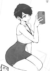 Rule 34 | 1girl, 1other, absurdres, bare arms, bare legs, bare shoulders, breasts, cellphone, cellphone photo, collarbone, dress, high-waist skirt, highres, id card, lanyard, large breasts, looking ahead, monochrome, norman maggot, office lady, olive laurentia, original, pencil skirt, phone, pixie cut, ribbed shirt, seiza, selfie, shirt, shirt tucked in, short hair, sitting, skirt, sleeveless, sleeveless dress, smartphone, solo, swept bangs, tented shirt