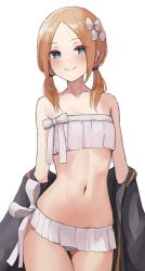 Rule 34 | 1girl, abigail williams (fate), abigail williams (swimsuit foreigner) (fate), abigail williams (swimsuit foreigner) (third ascension) (fate), bare shoulders, bikini, black jacket, blonde hair, blue eyes, blush, breasts, fate/grand order, fate (series), forehead, jacket, kopaka (karda nui), looking at viewer, medium hair, navel, off shoulder, parted bangs, simple background, smile, solo, swimsuit, twintails, white bikini