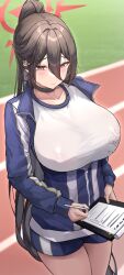 Rule 34 | 1girl, absurdres, black choker, black hair, blue archive, blue jacket, blue shorts, blurry, blush, breasts, chinese commentary, choker, closed mouth, collarbone, commentary request, covered erect nipples, cowboy shot, day, depth of field, facing viewer, gym uniform, hair between eyes, halo, hasumi (blue archive), hasumi (track) (blue archive), highres, holding, holding pen, huge breasts, jacket, long bangs, long hair, looking away, no bra, official alternate costume, outdoors, partially unzipped, pen, ponytail, red eyes, running track, see-through, shirt, shorts, sijinni, solo, standing, very long hair, wet, wet clothes, wet shirt