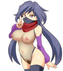 Rule 34 | 10s, 1girl, ayame (gundam build divers), bare shoulders, black hair, black thighhighs, blue hair, breasts, covered erect nipples, covered mouth, covered navel, detached sleeves, elbow gloves, female pubic hair, fishnet leotard, fishnets, gloves, gundam, gundam build divers, half mask, highleg, highleg leotard, highres, japanese clothes, large breasts, leotard, long hair, looking at viewer, mask, mouth mask, navel, ninja, nipples, ponytail, pubic hair, purple eyes, red scarf, scarf, solo, split ponytail, thick thighs, thighhighs, thighs, tof, twintails