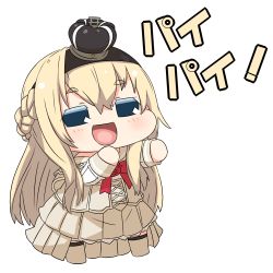 Rule 34 | 10s, 1girl, blonde hair, blue eyes, bow, braid, chibi, comic, commentary request, crown, dress, hairband, hand on own chin, kantai collection, long hair, long sleeves, lowres, mini crown, off-shoulder dress, off shoulder, open mouth, outstretched arm, puchimasu!, smile, solo, standing, thighhighs, translated, warspite (kancolle), white background, yuureidoushi (yuurei6214)