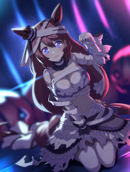 Rule 34 | 1girl, animal ears, bandaged arm, bandages, blue eyes, breasts, brown hair, cleavage, collar, commentary request, hair between eyes, hand up, highres, horse ears, horse girl, horse tail, jack-o&#039;-lantern, kneeling, long hair, looking at viewer, matsumoto tomoyohi, mummy costume, navel, official alternate costume, open mouth, smile, solo, super creek (chiffon ribbon mummy) (umamusume), super creek (umamusume), tail, umamusume, upper body