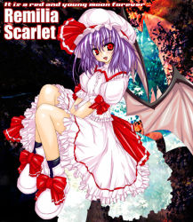 Rule 34 | 1girl, bat wings, black socks, bow, buttons, character name, collared shirt, english text, fang, female focus, footwear bow, frilled shirt, frilled shirt collar, frilled skirt, frilled sleeves, frills, hat, hat ribbon, knee up, mob cap, open mouth, puffy short sleeves, puffy sleeves, purple hair, red bow, red eyes, red ribbon, remilia scarlet, ribbon, sash, shirt, shoes, short hair, short sleeves, sitting, skirt, socks, solo, touhou, white footwear, white hat, white shirt, white skirt, wings