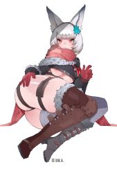 Rule 34 | 1girl, :&lt;, animal ears, armored boots, artist name, ass, asymmetrical footwear, blunt bangs, boots, breasts, gloves, hand on own ass, high heels, highres, liren44, looking at viewer, lying, medium breasts, mismatched footwear, neu (purusawa), nipple slip, nipples, on side, orange eyes, original, red gloves, red scarf, scarf, short hair, simple background, thick thighs, thigh boots, thighhighs, thighs, underbust, white background