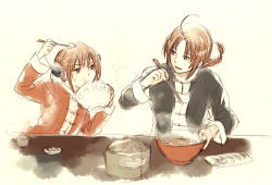 Rule 34 | 1boy, 1girl, acaco, ahoge, arm up, blue eyes, braid, brother and sister, brown hair, chinese clothes, chopsticks, double bun, eating, family, food, food in mouth, gintama, hair ornament, kagura (gintama), kamui (gintama), long hair, long sleeves, looking at another, open mouth, orange hair, siblings, simple background, single braid, smile, stick, table