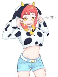 Rule 34 | 1girl, :d, animal hood, animal print, belt, blue shorts, bright pupils, commentary, cow horns, cow print, cowboy shot, english commentary, hands up, highres, hikasa tomoshika, hood, hood up, hoodie, horned hood, horns, long sleeves, looking at viewer, medium hair, midriff, multicolored hair, navel, open mouth, red hair, short shorts, shorts, simple background, smile, solo, streaked hair, twitter username, virtual youtuber, voms, white background, white belt, white hoodie, white pupils, yellow eyes, yoako