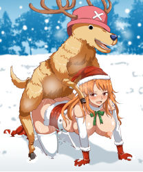 Rule 34 | 1boy, 1girl, all fours, ankle boots, ass, bestiality, blush, boots, breasts, breath, brown eyes, christmas, clothed sex, detached collar, detached sleeves, doggystyle, full body, fur-trimmed boots, fur-trimmed gloves, fur-trimmed headwear, fur trim, gloves, green ribbon, hat, hetero, highres, large breasts, long hair, looking at viewer, nami (one piece), nipples, no panties, on ground, one piece, open mouth, orange hair, outdoors, pom pom (clothes), red footwear, red gloves, red headwear, ribbon, santa boots, santa costume, santa gloves, santa hat, sex, sex from behind, shiny skin, shoulder tattoo, skindentation, smile, steam, sweat, tattoo, teeth, thighhighs, tony tony chopper, upper teeth only, white thighhighs, winter