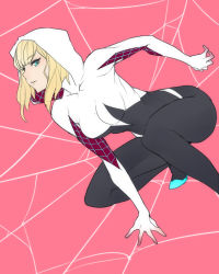 Rule 34 | 1girl, animification, aqua eyes, bad id, bad pixiv id, ban! (bansankan), blonde hair, bodysuit, breasts, from side, gloves, green eyes, gwen stacy, highres, hood, hooded bodysuit, marvel, no mask, parted lips, pink background, short hair, silk, solo, spider-gwen, spider-man (series), spider web, spider web print, squatting, superhero costume, turtleneck