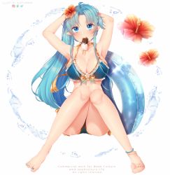 Rule 34 | 1girl, ahoge, armpits, arms behind head, artist name, ass, asuna (sao-alo), bare arms, bare shoulders, bikini, black bikini, blue eyes, blue hair, blue nails, blush, braid, breasts, cleavage, collarbone, commentary, commission, deviantart logo, english commentary, flower, food, frills, highres, innertube, instagram logo, large breasts, long hair, looking at viewer, nail polish, orange flower, pointy ears, popsicle, puppypaww, smile, solo, swim ring, swimsuit, sword art online, twitter logo, watermark, web address