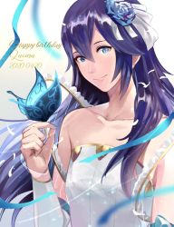 Rule 34 | 1girl, 2020, ameno (a meno0), bare shoulders, birthday, blue butterfly, blue eyes, blue flower, blue hair, blue ribbon, bride, bride (fire emblem), bug, butterfly, butterfly on hand, character name, closed mouth, collarbone, commentary request, dress, fire emblem, fire emblem awakening, fire emblem warriors, flower, hair between eyes, hair flower, hair ornament, hair ribbon, happy birthday, insect, lips, long hair, looking at viewer, lucina (fire emblem), nail polish, nintendo, official alternate costume, petals, ribbon, smile, solo, wedding dress, white background, white dress, white petals, white ribbon