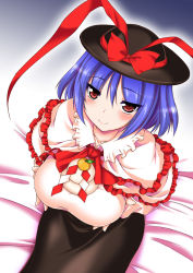 Rule 34 | 1girl, black hat, black skirt, blue hair, blush, bow, breast hold, breast lift, breasts, capelet, closed mouth, frills, from above, gonzaburo, hat, hat bow, hat ribbon, kagami mochi, large breasts, long sleeves, looking at viewer, looking up, nagae iku, red bow, red eyes, red ribbon, ribbon, seductive smile, short hair, sitting, skirt, smile, solo, touhou, tsurime