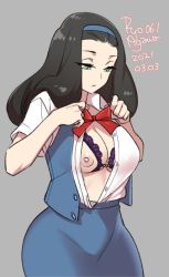 Rule 34 | 1girl, 2021, agawa ryou, black hair, blouse, blue eyes, bra, breasts, cleavage, cupless bra, dated, grey background, hairband, long hair, nipples, open clothes, open shirt, original, puffy nipples, shirt, shirt tucked in, simple background, solo, underwear, white shirt
