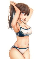 Rule 34 | 1girl, aiban, armpits, arms behind head, arms up, bare shoulders, blue eyes, blush, breasts, brown hair, cleavage, closed mouth, collarbone, hair between eyes, highres, idolmaster, idolmaster cinderella girls, large breasts, long hair, looking at viewer, mouth hold, navel, sagisawa fumika, simple background, solo, sports bikini, track and field, tying hair, white background