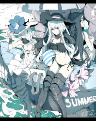 Rule 34 | 10s, 3girls, abyssal ship, aircraft carrier princess, aircraft carrier summer princess, battleship princess, battleship summer princess, bikini, black bikini, black border, black hair, black hat, blue eyes, border, gauntlets, hair over one eye, hat, horns, kantai collection, long hair, multiple girls, ninimo nimo, red eyes, seaport summer princess, side-tie bikini bottom, smile, swimsuit, white hair, white hat