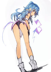 Rule 34 | 1boy, absurdres, ass, blue hair, bulge, from behind, hacka doll, hacka doll 3, highres, kaamin (mariarose753), leaning forward, looking back, male focus, simple background, solo, trap, twintails, white background