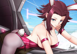 Rule 34 | 1girl, adsouto, animal ears, arm strap, ass, bow, bowtie, breasts, cockpit, code geass, commentary, detached collar, english commentary, fake animal ears, fake tail, green eyes, highres, kouzuki kallen, large breasts, leotard, looking at viewer, lying, on stomach, pantyhose, pink leotard, playboy bunny, rabbit ears, rabbit tail, red hair, shiny clothes, shiny skin, signature, solo, strapless, strapless leotard, tail