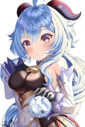 Rule 34 | 1girl, absurdres, ahoge, bare shoulders, bell, black gloves, blue hair, blush, breasts, covered navel, detached sleeves, ganyu (genshin impact), genshin impact, gloves, gold trim, highres, horns, light smile, long hair, looking at viewer, medium breasts, neck bell, orb, phumanchew, purple eyes, qilin (mythology), sidelocks, smile, solo, upper body, white background, white sleeves