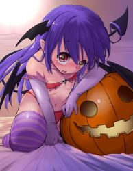Rule 34 | 1girl, annual succubus (hobby), bare shoulders, bat wings, blue hair, blush, breasts, demon girl, elbow gloves, flat chest, gloves, halloween, head wings, hobby (kento), jack-o&#039;-lantern, long hair, navel, open mouth, original, red eyes, socks, solo, striped clothes, striped socks, striped thighhighs, tail, tears, thighhighs, wings