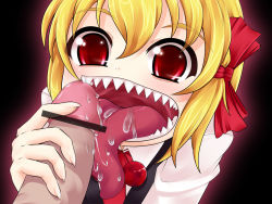 Rule 34 | 1girl, :d, amau (kosmos), bad id, bad pixiv id, bar censor, blonde hair, bow, censored, embodiment of scarlet devil, fellatio, fingernails, hair bow, hetero, licking, long fingernails, long tongue, open mouth, oral, penis, red eyes, rumia, saliva, scary sex, sharp teeth, smile, solo focus, teeth, tongue, tongue out, touhou, what