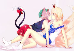 Rule 34 | 2girls, adapted costume, alternate costume, animal ears, bad id, bad pixiv id, black shirt, blonde hair, blouse, blue eyes, blush, bow, breasts, brown hair, cat ears, cat tail, chen, cleavage, commentary request, crawling, earrings, eye contact, face-to-face, fox ears, fox tail, green hat, hand on another&#039;s chin, hat, highres, hip focus, jewelry, konbukonnukko, legs, looking at another, multiple girls, multiple tails, nekomata, no headwear, no pants, off-shoulder shirt, off shoulder, purple background, red eyes, red skirt, shirt, short hair, sitting, skirt, sleeveless, sleeveless shirt, small breasts, sock pull, socks, stroking another&#039;s chin, tail, tail bow, tail ornament, thighs, touhou, two tails, white legwear, yakumo ran, yuri
