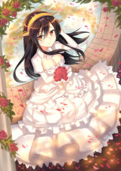 Rule 34 | 10s, 1girl, bad id, bad pixiv id, black hair, blush, bouquet, breasts, bridal gauntlets, cleavage, detached collar, dress, flower, fountain, frilled dress, frills, gloves, hair between eyes, hairband, hand in own hair, haruna (kancolle), headgear, holding, holding flower, kantai collection, long sleeves, looking at viewer, outdoors, petals, plant, rose, sitting, smile, solo, sora 72-iro, stone floor, water, wedding dress, white dress, white gloves, yellow eyes