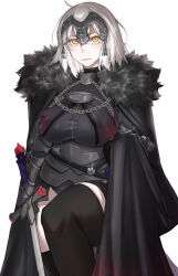 Rule 34 | 1girl, armor, armored dress, black armor, black cape, black dress, black thighhighs, breasts, cape, chain, closed mouth, commentary request, dress, fate/grand order, fate (series), fur-trimmed cape, fur trim, gauntlets, grey hair, headpiece, highres, holding, holding sword, holding weapon, jeanne d&#039;arc alter (avenger) (fate), jeanne d&#039;arc alter (avenger) (first ascension) (fate), jeanne d&#039;arc alter (fate), large breasts, looking at viewer, plackart, ri o ne su, short hair, simple background, solo, sword, thighhighs, weapon, white background, yellow eyes