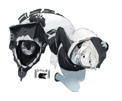 Rule 34 | 10s, 1girl, abyssal ship, backpack, bag, hand on head, hood, hoodie, kantai collection, leaning forward, monochrome, monster girl, pink eyes, re-class battleship, scarf, siirakannu, simple background, smile, tail, teeth, white hair