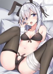Rule 34 | 1girl, :o, animal ears, armpit crease, ass, bad id, bad twitter id, bandaged leg, bandages, bare shoulders, black bra, black hairband, black panties, black ribbon, black thighhighs, blue eyes, blurry, blush, bra, braid, breasts, cameltoe, cleavage, collarbone, commentary request, couch, crotch cutout, crotch seam, depth of field, fake animal ears, feet out of frame, front-tie top, hair between eyes, hair over one eye, hair ribbon, hairband, hand up, head tilt, highres, kanikou, knees up, long hair, long sleeves, looking at viewer, medium breasts, mole, mole under mouth, navel, off shoulder, open clothes, open mouth, open shirt, original, panties, pillow, rabbit ear panties, rabbit ears, reclining, ribbon, saliva, saliva trail, shirt, sidelocks, silver hair, solo, spread legs, stomach, thighhighs, tongue, tongue out, two side up, underwear, white shirt