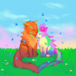 Rule 34 | animal, animalization, bug, butterfly, cat, closed mouth, flower, grass, hair flower, hair ornament, heart tail duo, highres, insect, knol (flowrmosh), league of legends, multicolored fur, neeko (league of legends), nidalee, no humans, orange fur, outdoors, pink flower, sitting