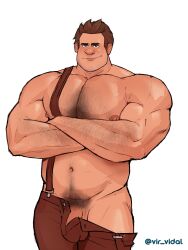 Rule 34 | 1boy, alternate body hair, bara, belly, big nose, brown overalls, cowboy shot, crossed legs, hairy, highres, huge pectorals, looking at viewer, male focus, mature male, muscular, muscular male, naked overalls, navel, navel hair, nipples, overalls, penis, penis peek, solo, standing, stomach, strongman waist, thick arm hair, thick chest hair, thick eyebrows, thick navel hair, thick thighs, thighs, vir vidal, white background, wreck-it ralph, wreck-it ralph (character)