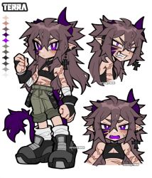 Rule 34 | 1girl, ahoge, androgynous, angry, annoyed, bandaged arm, bandages, black footwear, black gloves, black sports bra, breasts, brown hair, character name, cleavage, cleavage cutout, clenched hands, clothing cutout, color guide, colored mouth, colored tongue, commentary, crossed bangs, dilated pupils, dot nose, double-parted bangs, drop earrings, ear piercing, earrings, english commentary, expressions, facing viewer, fang, fingerless gloves, full body, gloves, green shorts, hair between eyes, hand up, highres, horns, jewelry, lion tail, long hair, messy hair, midriff, multiple piercings, multiple views, original, piercing, pointy ears, ponti (pontiikii), portrait, purple eyes, purple horns, purple tail, purple tongue, scar, shorts, simple background, single horn, socks, sports bra, standing, sweatdrop, tail, three quarter view, v-shaped eyebrows, watermark, white background, white socks