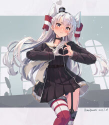 Rule 34 | 1girl, amatsukaze (kancolle), amatsukaze kai ni (kancolle), black dress, black panties, blush, breasts, brown eyes, commentary request, cowboy shot, dress, garter straps, gloves, grey hair, hair tubes, highres, himeyamato, kantai collection, long hair, looking at viewer, medium breasts, panties, red thighhighs, sailor collar, sailor dress, single glove, smokestack hair ornament, solo, thighhighs, two side up, underwear, white gloves, white sailor collar