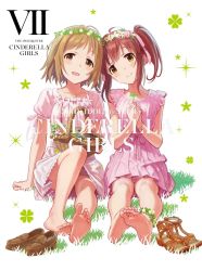 Rule 34 | 10s, 2girls, album cover, barefoot, basket, brown hair, clover, copyright name, cover, dress, dvd cover, feet, feet together, flower wreath, four-leaf clover, heads together, highres, idolmaster, idolmaster cinderella girls, light brown hair, looking at viewer, mimura kanako, multiple girls, official art, ogata chieri, shoes, unworn shoes, short hair, smile, soles, toes, twintails