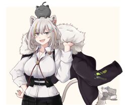 Rule 34 | 1girl, animal ear fluff, black jacket, black pants, blue hair, bodice, breasts, brown background, collared shirt, creature on head, grey hair, hand on own hip, highres, holding, holding clothes, holding jacket, hololive, jacket, large breasts, looking at viewer, medium hair, multicolored hair, open mouth, oracle silbern, orange hair, pants, pillarboxed, shirt, shirt tucked in, shishiro botan, shishiro botan (button-down), smile, solo, ssrb (shishiro botan), streaked hair, virtual youtuber, white shirt