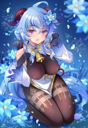 Rule 34 | 1girl, ahoge, bare shoulders, bell, black gloves, blue flower, blue hair, blush, breasts, brown legwear, detached sleeves, field, flower, flower field, ganyu (genshin impact), genshin impact, glaze lily, gloves, gold trim, hair flower, hair ornament, highres, horns, ice, ichiyou moka, large breasts, long hair, looking at viewer, neck bell, night, open mouth, purple eyes, seiza, sidelocks, sitting, smile, snowflakes, solo, thighlet, white sleeves
