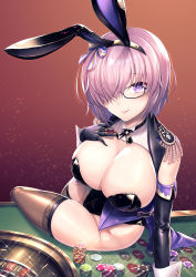 Rule 34 | 1girl, animal ears, black gloves, black leotard, black ribbon, black thighhighs, breasts, cleavage, closed mouth, commission, detached collar, elbow gloves, fake animal ears, fate/grand order, fate (series), glasses, gloves, hair over one eye, hand on own chest, hassen (8cm), highres, holding, large breasts, leotard, looking at viewer, mash kyrielight, neck ribbon, pink hair, playboy bunny, poker chip, purple eyes, rabbit ears, ribbon, short hair, simple background, sitting, sitting on table, skeb commission, smile, solo, thighhighs, twisted torso, wrist cuffs