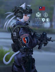 Rule 34 | 1girl, animal ears, assault rifle, belt, blue jacket, blue pants, blurry, blurry background, bulletproof vest, chin strap, chinese commentary, chinese text, commentary request, cowboy shot, ears through headwear, fang zhenjun, from side, gun, handgun, headphones, helmet, holding, holding gun, holding weapon, holster, holstered, jacket, long hair, microphone, military, combat helmet, original, pants, photo background, pistol, police, red eyes, republic of china flag, rifle, standing, swat, tactical clothes, taiwan, thigh belt, thigh holster, thigh strap, translation request, twintails, walkie-talkie, weapon, weapon request, white hair