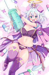 Rule 34 | 1girl, :d, absurdres, antenna hair, aqua eyes, breasts, coat, crop top, halo, hat, highres, holding, large syringe, looking at viewer, mary janes, medium breasts, midriff, navel, nurse cap, open clothes, open coat, open mouth, original, oversized object, panties, pill, pink coat, purple shirt, purple skirt, purple thighhighs, shirt, shoes, short hair, short sleeves, showgirl skirt, skirt, smile, solo, stomach, syringe, tenzeru, thighhighs, thighs, underwear, white hair, wings, wrist cuffs