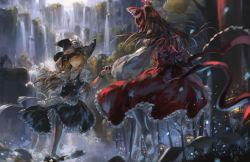 Rule 34 | 2girls, aerial battle, apron, barefoot, battle, blonde hair, bow, braid, broom, broom surfing, clenched teeth, detached sleeves, flying, forest, from behind, gohei, hair blowing, hair bow, hakurei reimu, hand on headwear, hand up, hat, hat ribbon, highres, kirisame marisa, long hair, looking at another, mini-hakkero, mixed media, motion blur, multiple girls, nature, outdoors, ponytail, ribbon, single braid, skirt, skirt set, sneer, song ren, stone lantern, teeth, touhou, traditional media, waist apron, watercolor pencil (medium), witch hat, wrist cuffs, yellow eyes