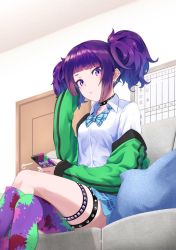 Rule 34 | 1girl, asymmetrical legwear, blue bow, blue bowtie, blue skirt, blunt bangs, bow, bowtie, cardigan, cellphone, closed mouth, collar, collared shirt, crossed legs, dress shirt, ear piercing, earrings, green cardigan, holding, holding phone, idolmaster, idolmaster shiny colors, indoors, jewelry, kneehighs, long hair, long sleeves, miniskirt, painapo, phone, piercing, plaid, plaid bow, plaid bowtie, plaid skirt, pleated skirt, purple eyes, purple hair, purple socks, school uniform, shirt, single kneehigh, single sock, single thighhigh, sitting, skirt, sleeves past wrists, smartphone, socks, solo, spiked collar, spiked thighlet, spikes, tanaka mamimi, thighhighs, twintails, white shirt, wing collar