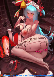 Rule 34 | 1girl, antler ornament, antlers, azur lane, bell, blue hair, breasts, candy, censored, chocolate, chocolate heart, christmas, food, full body, hair ornament, heart, heart-shaped pupils, highres, horns, large breasts, long hair, looking at viewer, neptune (azur lane), nipples, symbol-shaped pupils, yellow eyes